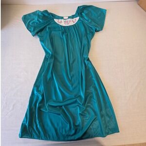 Milco Nightgown Vintage Floral Embroidered Shimmer Teal Large Lounge Dress 70s
